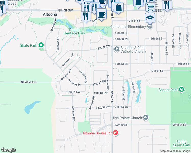 map of restaurants, bars, coffee shops, grocery stores, and more near 1610 3rd Avenue Southwest in Altoona