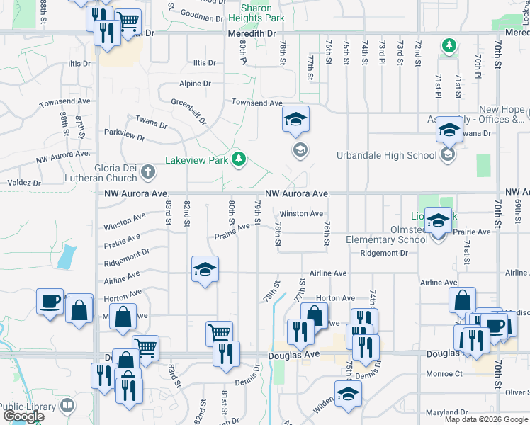 map of restaurants, bars, coffee shops, grocery stores, and more near 4106 78th Street in Urbandale