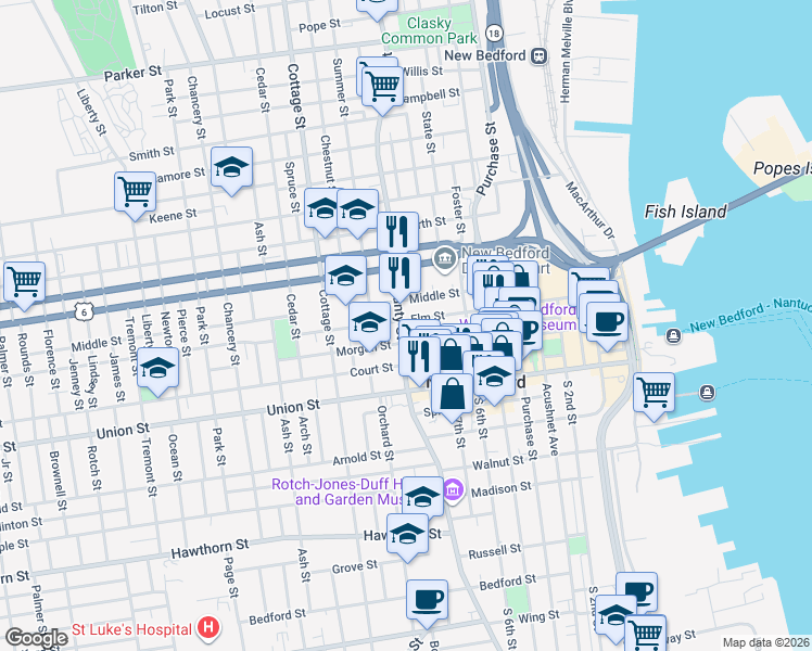 map of restaurants, bars, coffee shops, grocery stores, and more near 464 County Street in New Bedford