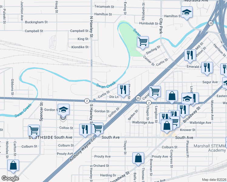 map of restaurants, bars, coffee shops, grocery stores, and more near 242 Mozart Street in Toledo