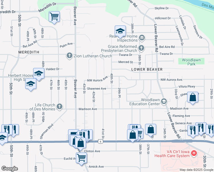 map of restaurants, bars, coffee shops, grocery stores, and more near 4011 Shawnee Avenue in Des Moines