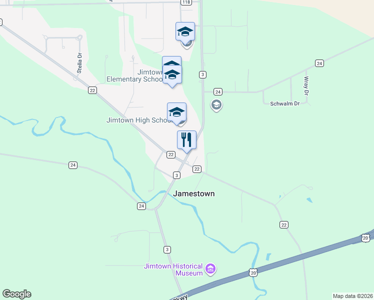 map of restaurants, bars, coffee shops, grocery stores, and more near 59153 County Road 3 in Elkhart