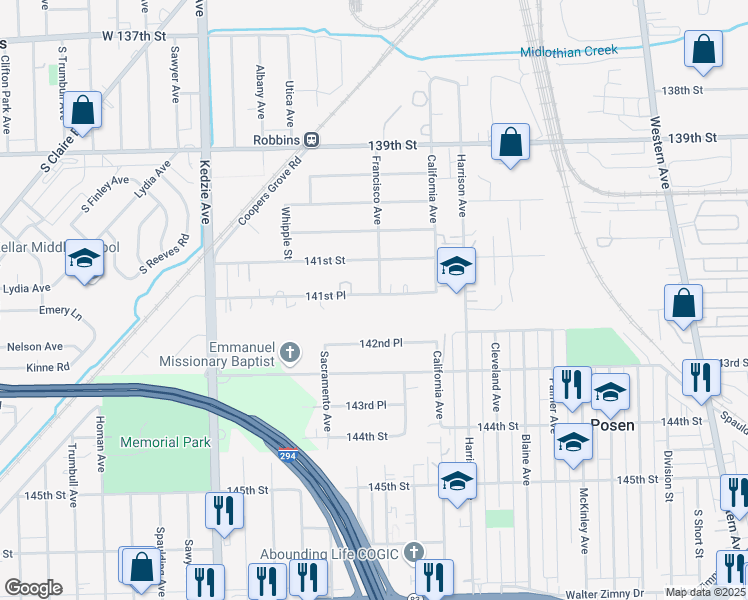 map of restaurants, bars, coffee shops, grocery stores, and more near 2865 141st Place in Blue Island