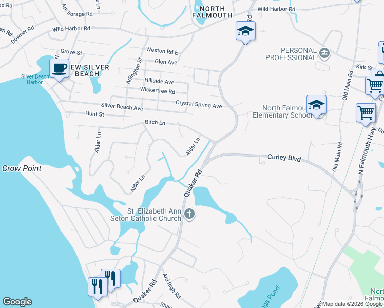 map of restaurants, bars, coffee shops, grocery stores, and more near 24 Alder Lane in Falmouth