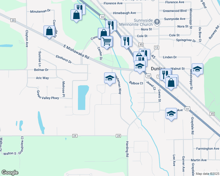 map of restaurants, bars, coffee shops, grocery stores, and more near 59117 Minuteman Way in Elkhart