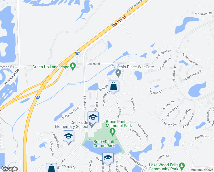 map of restaurants, bars, coffee shops, grocery stores, and more near 21845 West Knollwood Drive in Plainfield