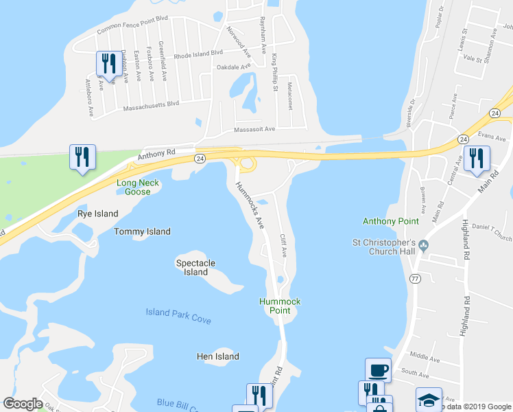 map of restaurants, bars, coffee shops, grocery stores, and more near 129 Hummocks Avenue in Portsmouth