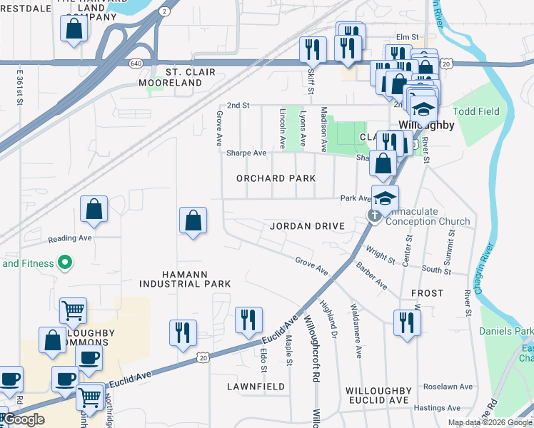 map of restaurants, bars, coffee shops, grocery stores, and more near 37517 Jordan Drive in Willoughby