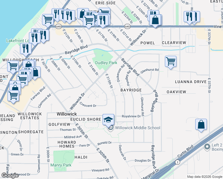 map of restaurants, bars, coffee shops, grocery stores, and more near 625 East 315th Street in Willowick