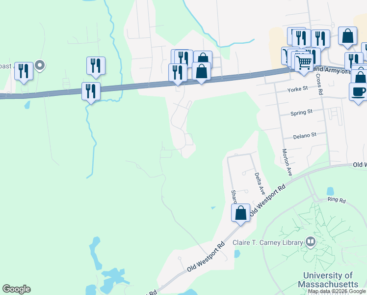 map of restaurants, bars, coffee shops, grocery stores, and more near 721 Dartmouth Woods Drive in Dartmouth