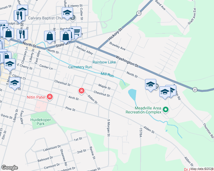 map of restaurants, bars, coffee shops, grocery stores, and more near 714-756 Maple St in Meadville