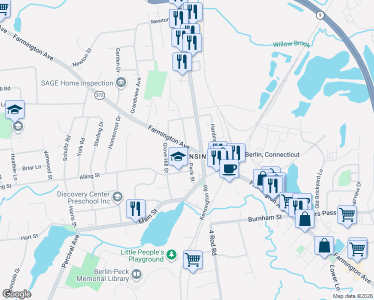 map of restaurants, bars, coffee shops, grocery stores, and more near 732 Farmington Avenue in Berlin