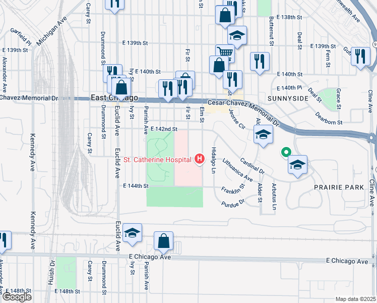 map of restaurants, bars, coffee shops, grocery stores, and more near 4298 Fir Street in East Chicago