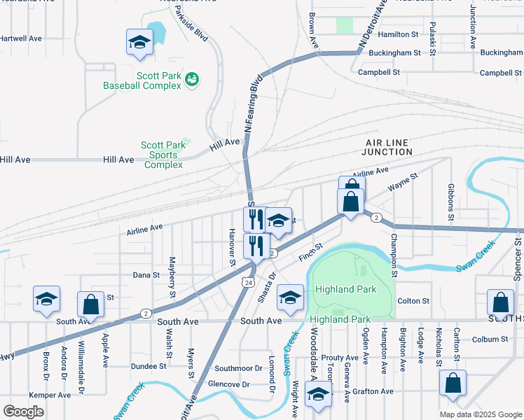 map of restaurants, bars, coffee shops, grocery stores, and more near 219 South Fearing Boulevard in Toledo