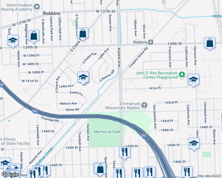 map of restaurants, bars, coffee shops, grocery stores, and more near 14110 Turner Avenue in Robbins