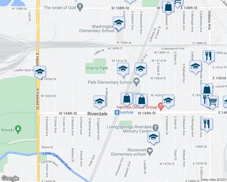 map of restaurants, bars, coffee shops, grocery stores, and more near 14228 South Tracy Avenue in Riverdale