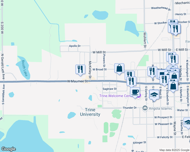 map of restaurants, bars, coffee shops, grocery stores, and more near 1100 W Maumee St in Angola