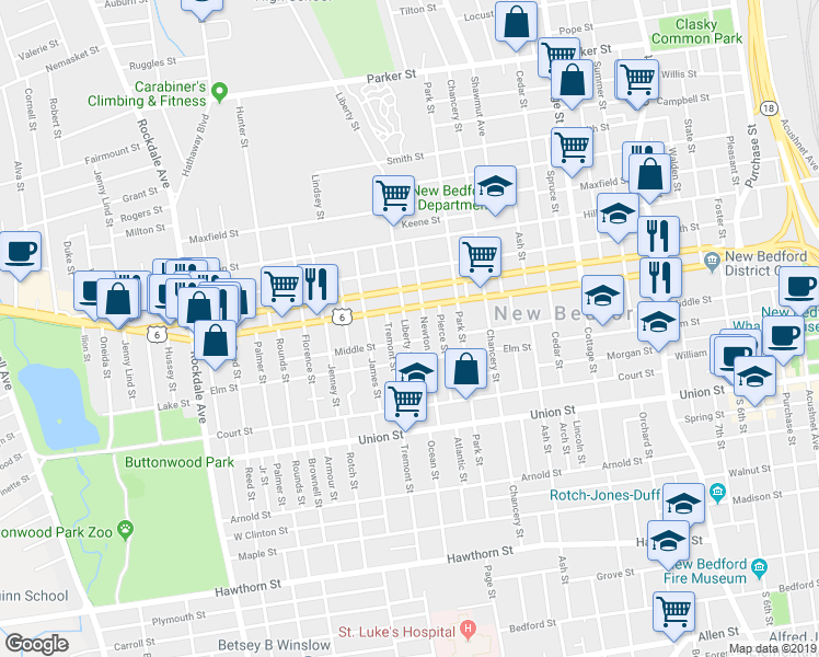 map of restaurants, bars, coffee shops, grocery stores, and more near 76 Liberty Street in New Bedford