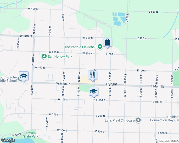 map of restaurants, bars, coffee shops, grocery stores, and more near 45 West 150 North in Hyrum