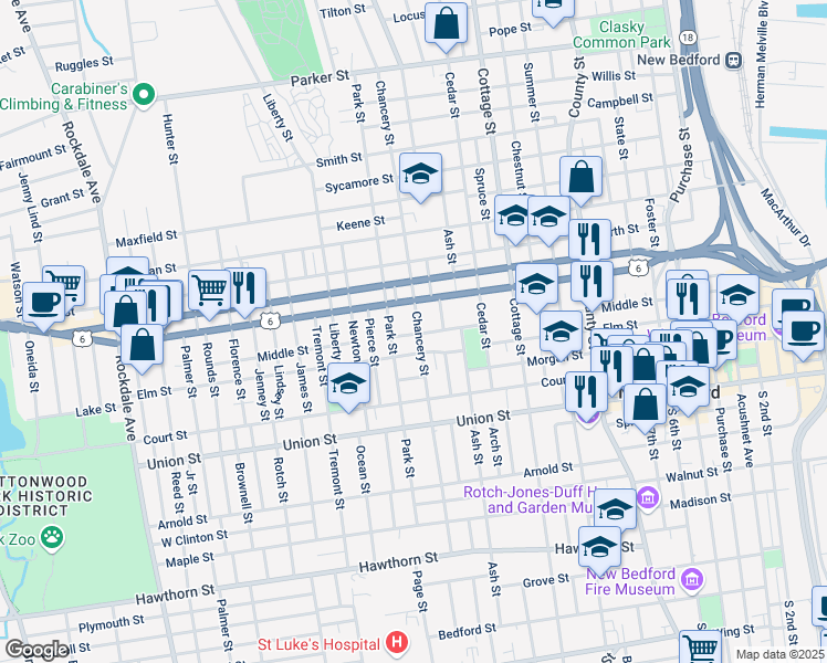map of restaurants, bars, coffee shops, grocery stores, and more near 408 Middle Street in New Bedford