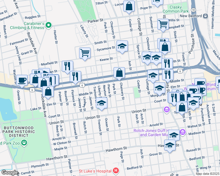 map of restaurants, bars, coffee shops, grocery stores, and more near 88 Newton Street in New Bedford