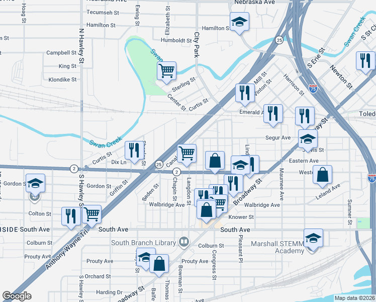 map of restaurants, bars, coffee shops, grocery stores, and more near 237 Langdon Street in Toledo