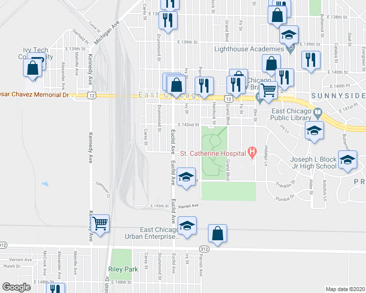 map of restaurants, bars, coffee shops, grocery stores, and more near 4233 East 143rd Street in East Chicago