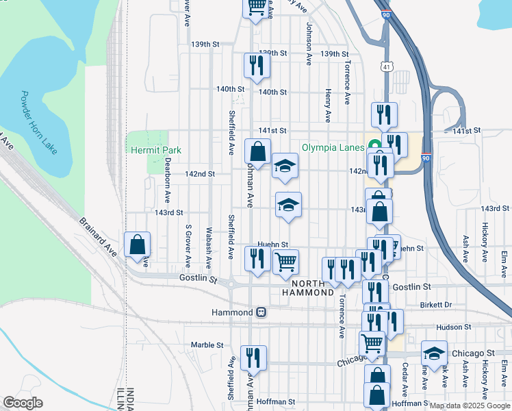 map of restaurants, bars, coffee shops, grocery stores, and more near 4306 Hohman Ave in Hammond
