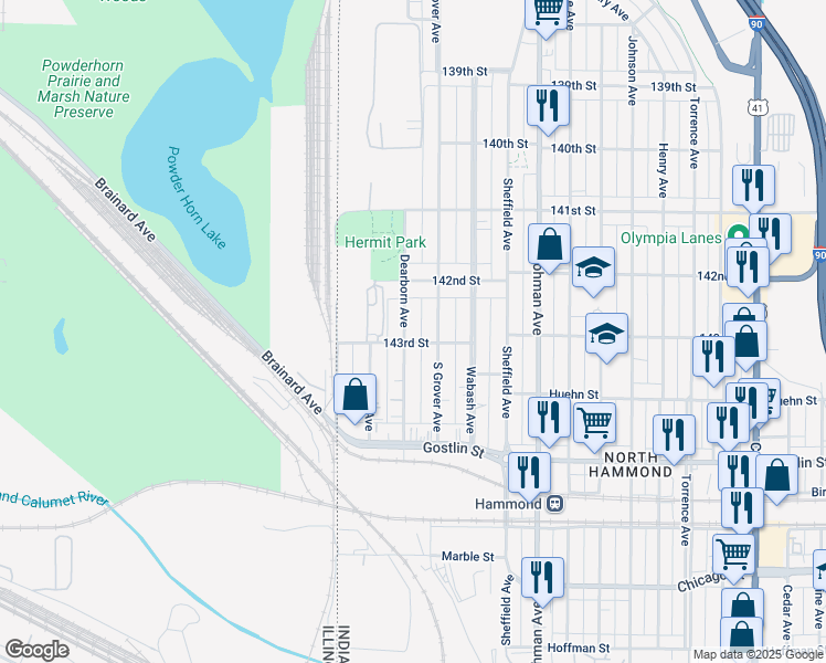 map of restaurants, bars, coffee shops, grocery stores, and more near 4303 143rd Street in Hammond