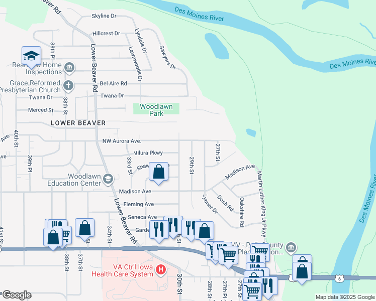 map of restaurants, bars, coffee shops, grocery stores, and more near 4121 30th Street in Des Moines