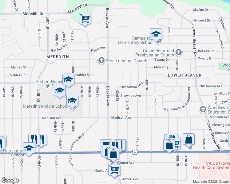 map of restaurants, bars, coffee shops, grocery stores, and more near 4224 Shawnee Avenue in Des Moines