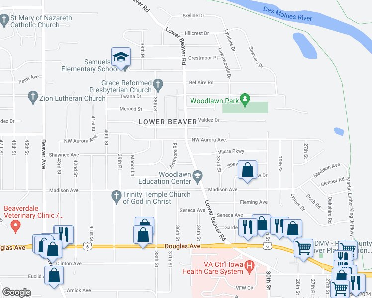 map of restaurants, bars, coffee shops, grocery stores, and more near 4124 Lower Beaver Road in Des Moines