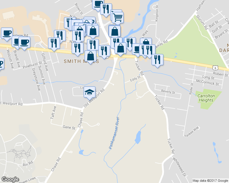 map of restaurants, bars, coffee shops, grocery stores, and more near 41B Old Westport Road in Dartmouth