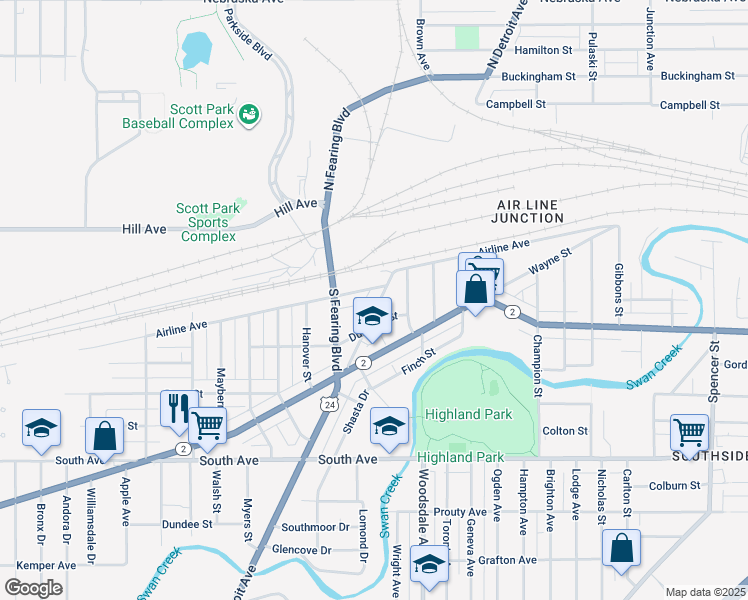 map of restaurants, bars, coffee shops, grocery stores, and more near 142 South Detroit Avenue in Toledo