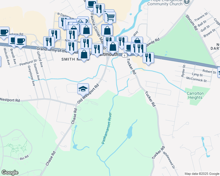 map of restaurants, bars, coffee shops, grocery stores, and more near 41B Old Westport Road in Dartmouth