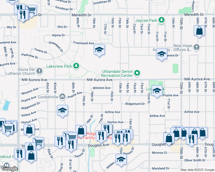 map of restaurants, bars, coffee shops, grocery stores, and more near 7600 Winston Avenue in Urbandale