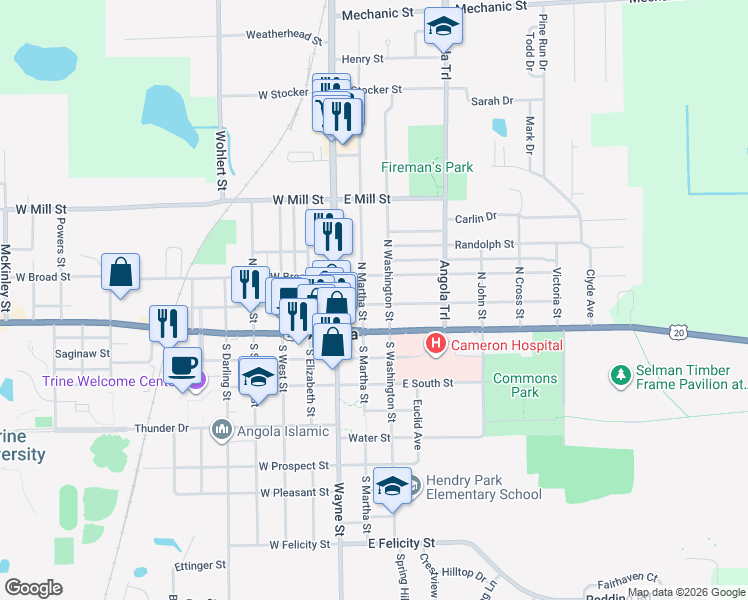 map of restaurants, bars, coffee shops, grocery stores, and more near 214 East Gilmore Street in Angola