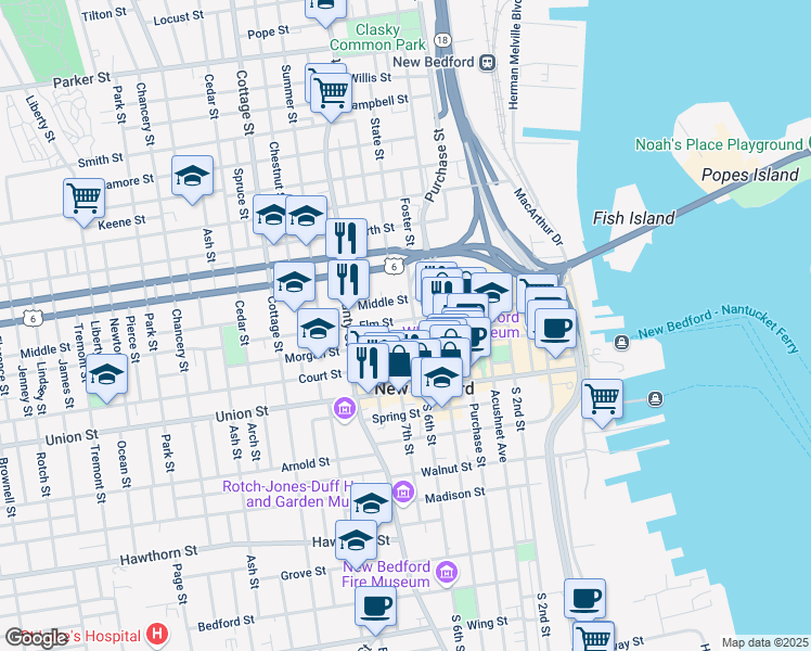 map of restaurants, bars, coffee shops, grocery stores, and more near 39 North 6th Street in New Bedford