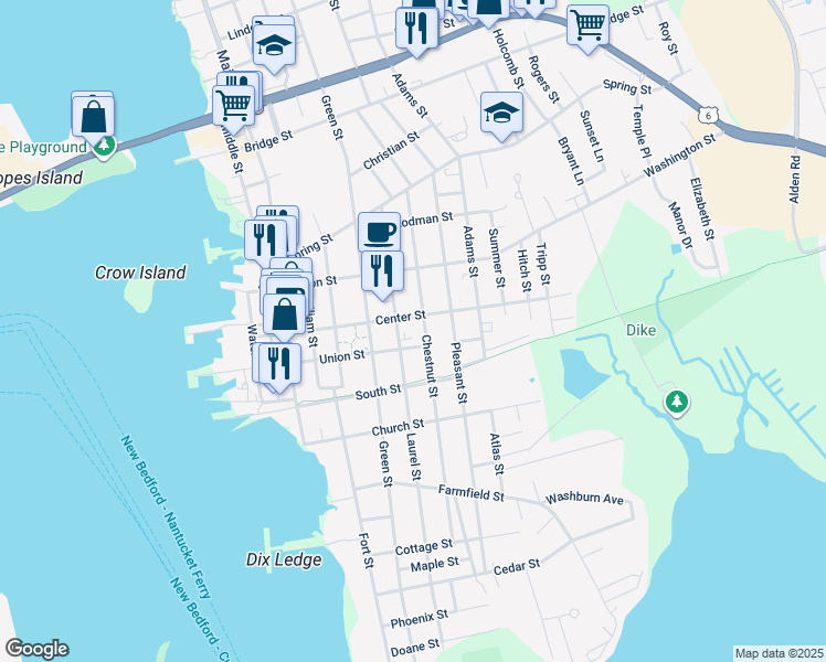 map of restaurants, bars, coffee shops, grocery stores, and more near 50 Union Street in Fairhaven