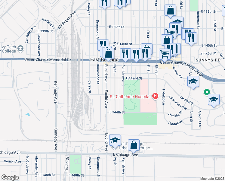 map of restaurants, bars, coffee shops, grocery stores, and more near 4233 East 143rd Street in East Chicago