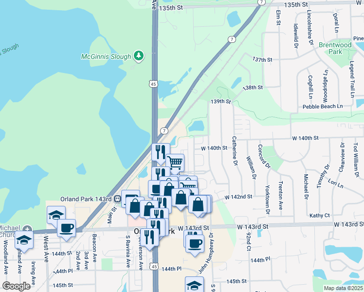 map of restaurants, bars, coffee shops, grocery stores, and more near 9550 140th Court in Orland Park