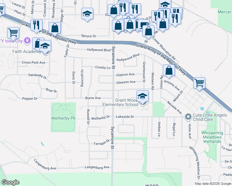 map of restaurants, bars, coffee shops, grocery stores, and more near 1699 Burns Avenue in Iowa City