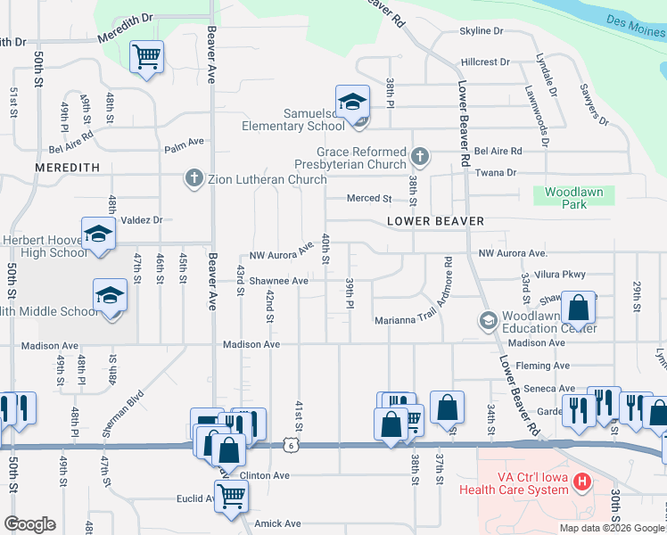 map of restaurants, bars, coffee shops, grocery stores, and more near 4100 39th Place in Des Moines