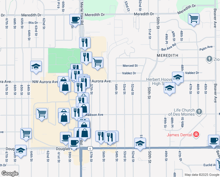 map of restaurants, bars, coffee shops, grocery stores, and more near 4120 54th Street in Des Moines