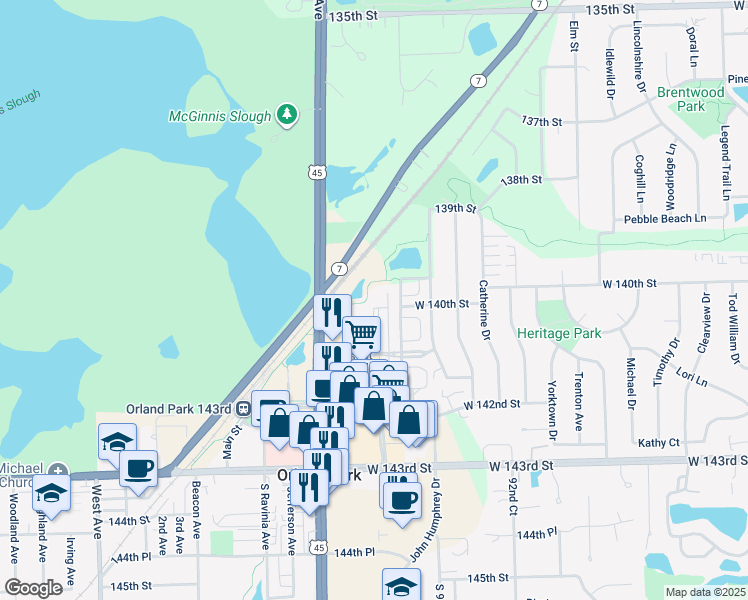 map of restaurants, bars, coffee shops, grocery stores, and more near 9510 140th Street in Orland Park