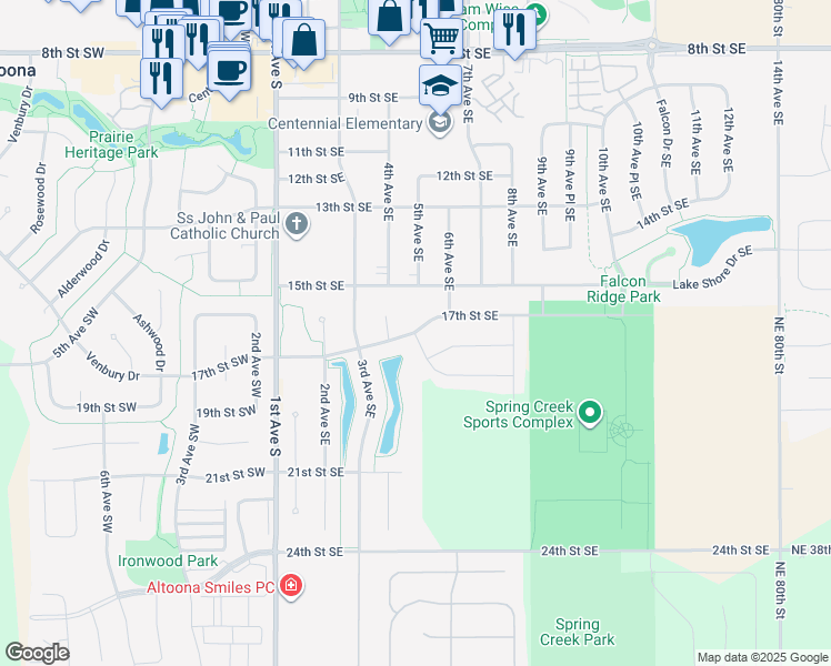 map of restaurants, bars, coffee shops, grocery stores, and more near 502 Sunset Dr SE in Altoona