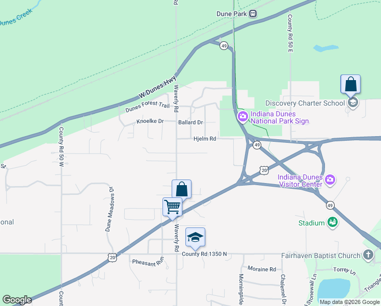 map of restaurants, bars, coffee shops, grocery stores, and more near East Burwell Drive in Porter
