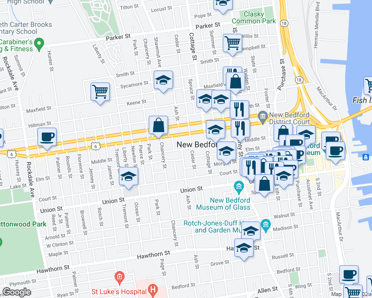 map of restaurants, bars, coffee shops, grocery stores, and more near 301 Middle Street in New Bedford