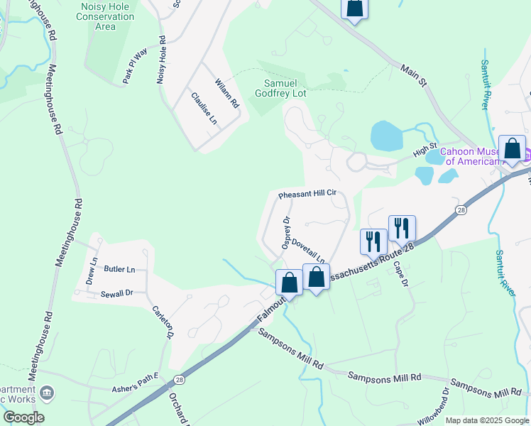 map of restaurants, bars, coffee shops, grocery stores, and more near 302 Pheasant Hill Circle in Mashpee
