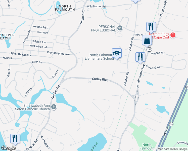 map of restaurants, bars, coffee shops, grocery stores, and more near 125 Curley Boulevard in Falmouth